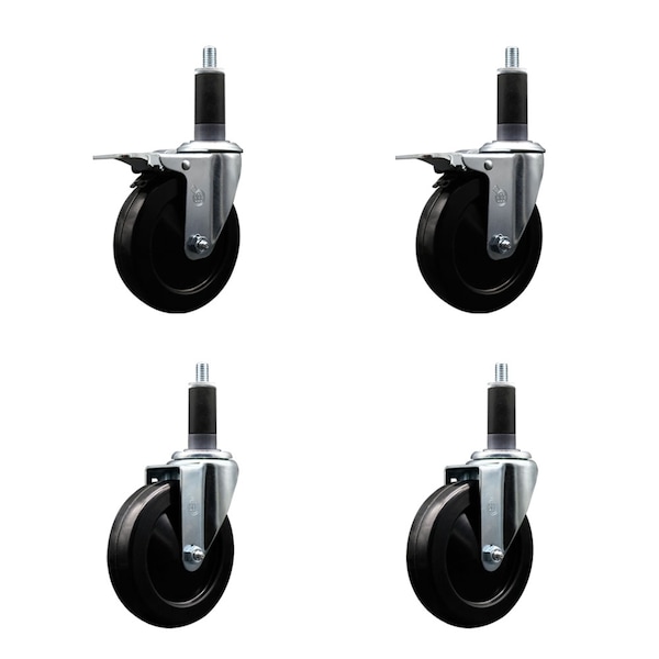 5'' Soft Rubber Swivel 1-1/8'' Expanding Stem Caster Set 2 Total Lock Brakes, 4PK